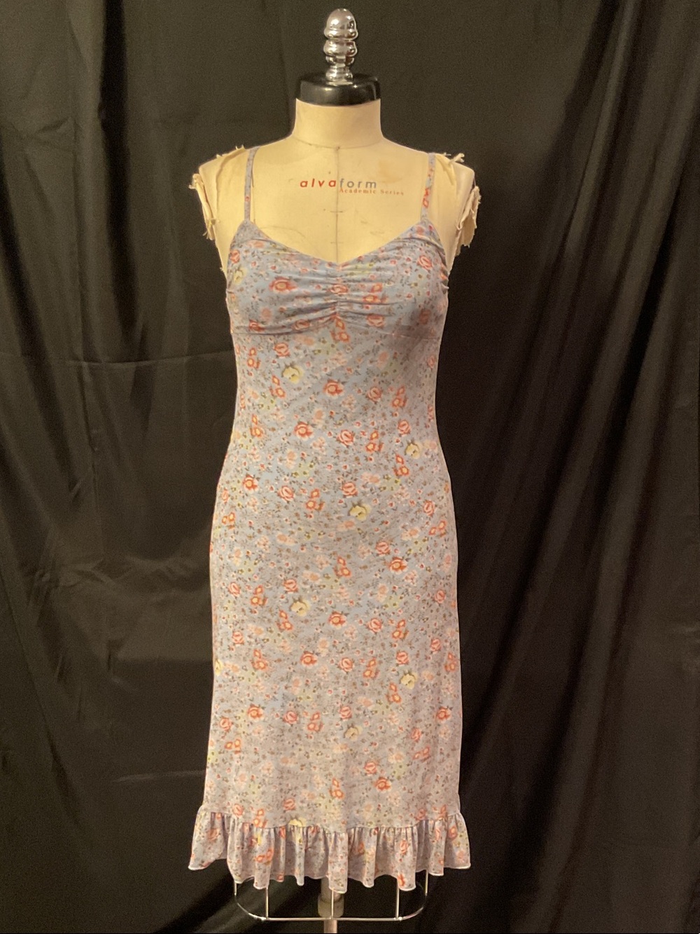 Floral Slip Dress in Blue with Ruffle Hem
